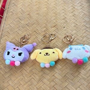 Cute Plush Anime Keychain Set - Purple, Yellow, Blue
